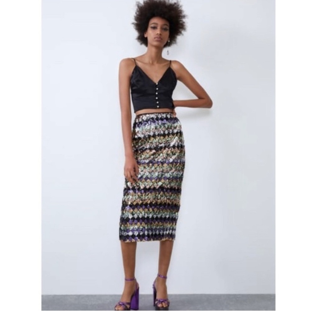 NWT Zara High Waist Midi Sequin Skirt M